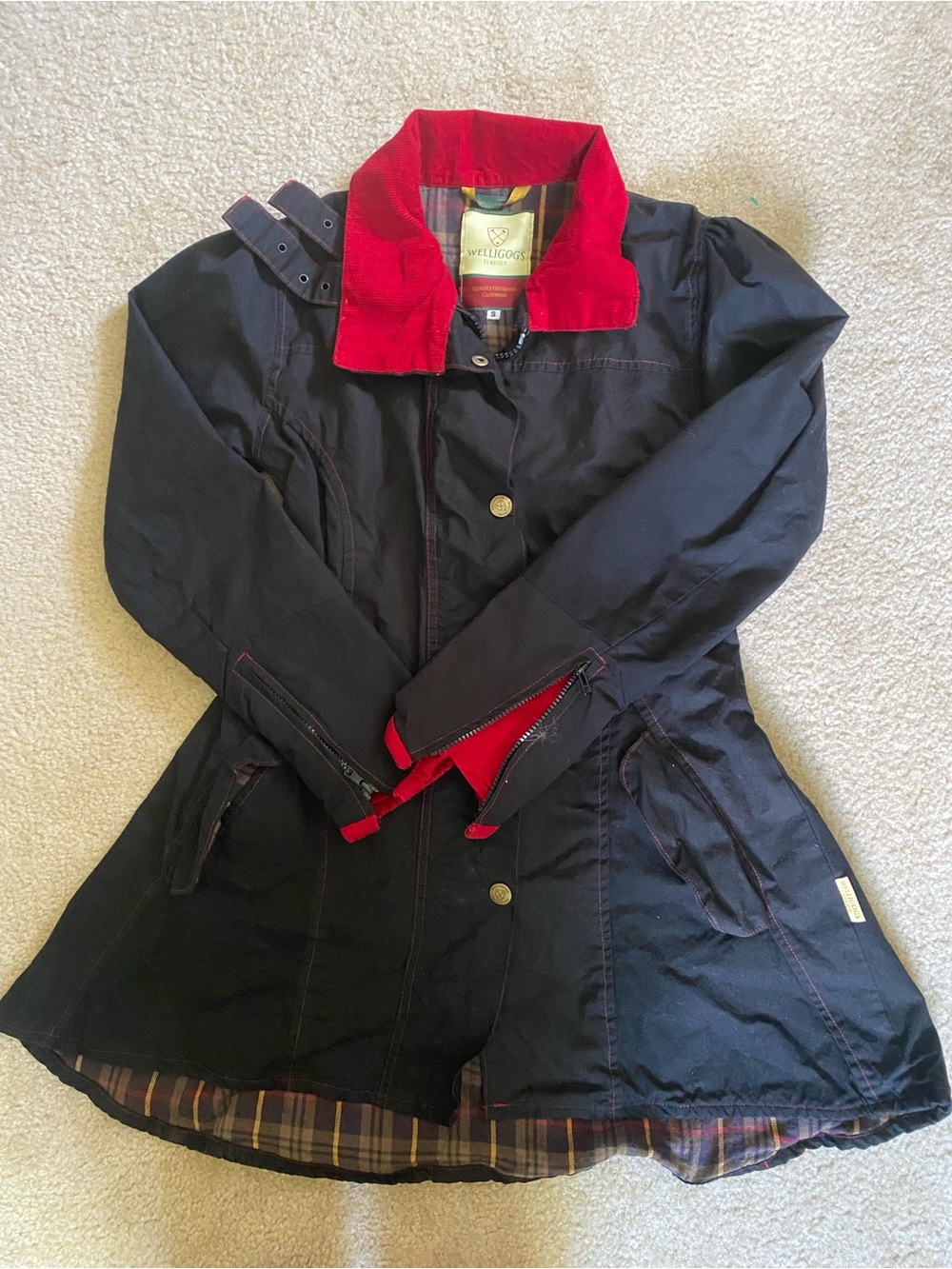 Made in England- Welligogs Black Fishtail Riding Coat with Red Corduroy Trim